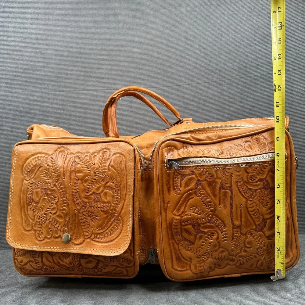 Vintage Hand Tooled Leather Duffel Bag Tan Floral Western Travel Weekender Bag